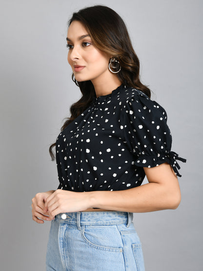Casual Puff Sleeves Printed Women Black Top
