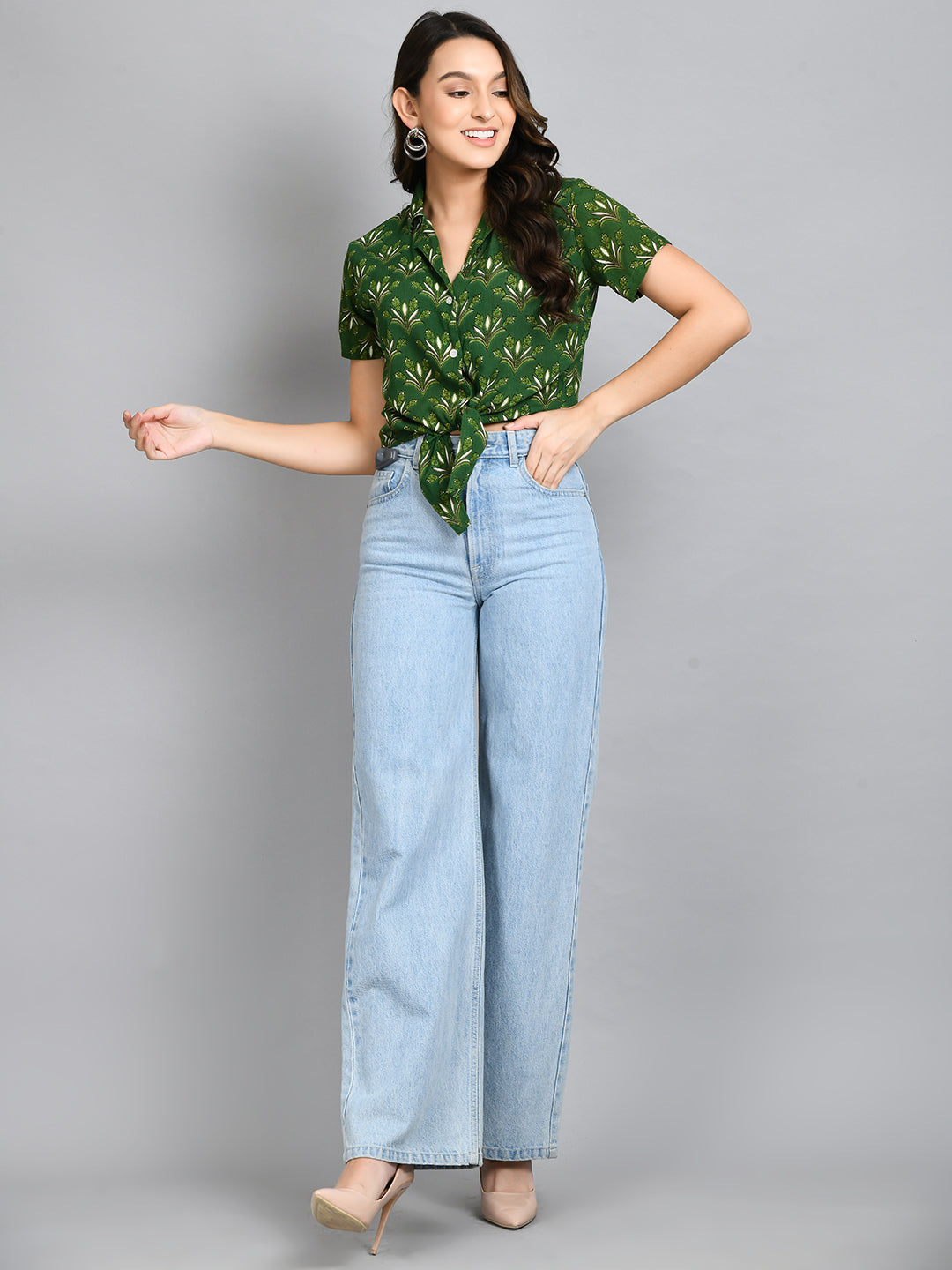 Casual Regular Sleeves Printed Women Green Top
