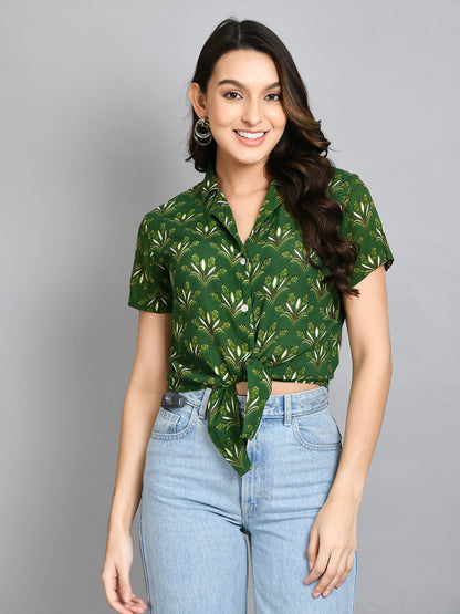 Casual Regular Sleeves Printed Women Green Top