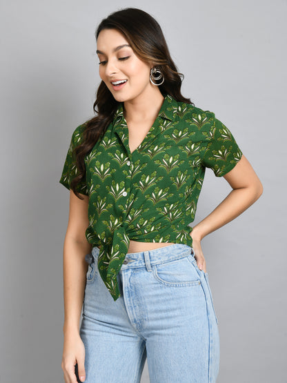 Casual Regular Sleeves Printed Women Green Top