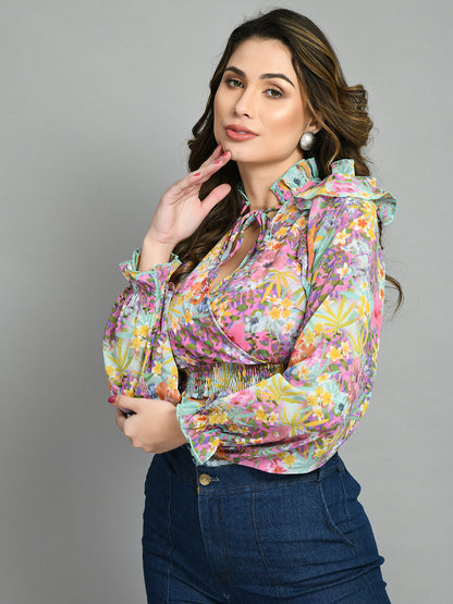Casual Puff Sleeves Floral Print Women Multicolor Top