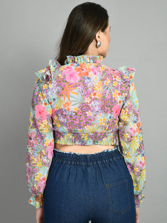 Casual Puff Sleeves Floral Print Women Multicolor Top