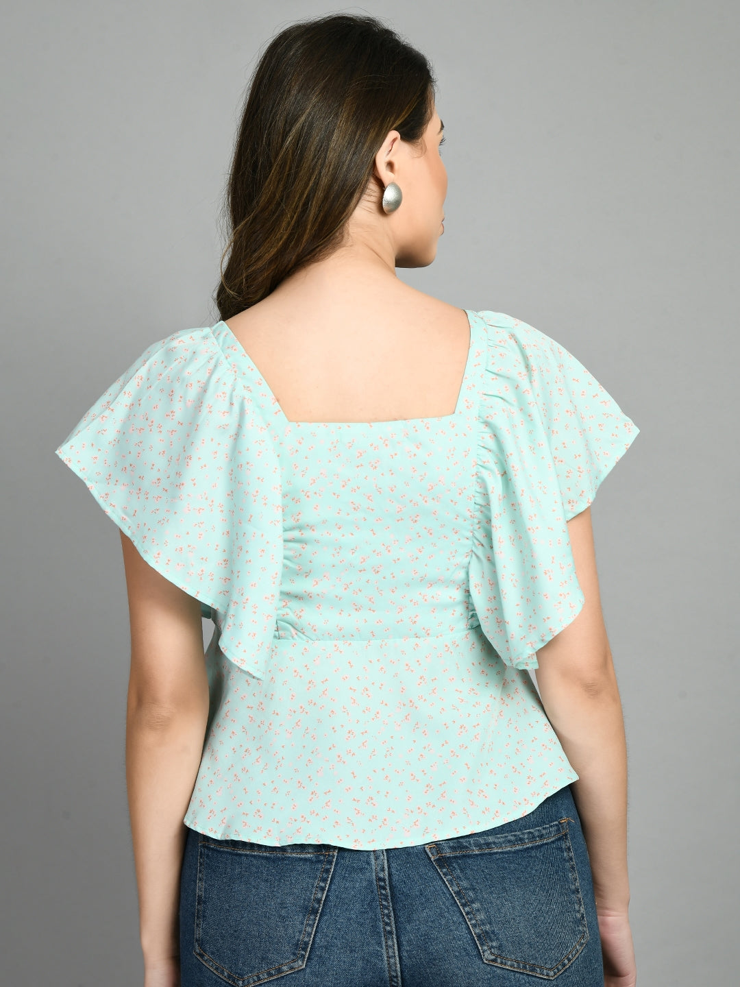 Casual Ruffled Sleeves Printed Women Light Green Top