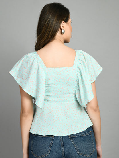 Casual Ruffled Sleeves Printed Women Light Green Top