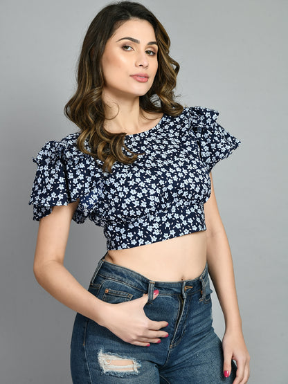 Casual Ruffled Sleeves Printed Women Blue Top