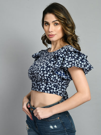 Casual Ruffled Sleeves Printed Women Blue Top
