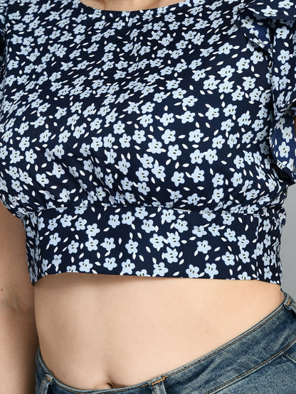 Casual Ruffled Sleeves Printed Women Blue Top