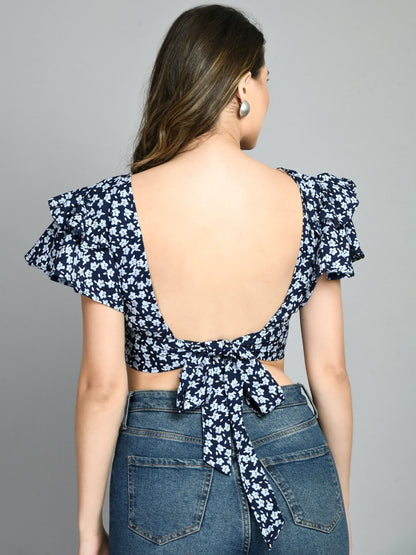 Casual Ruffled Sleeves Printed Women Blue Top