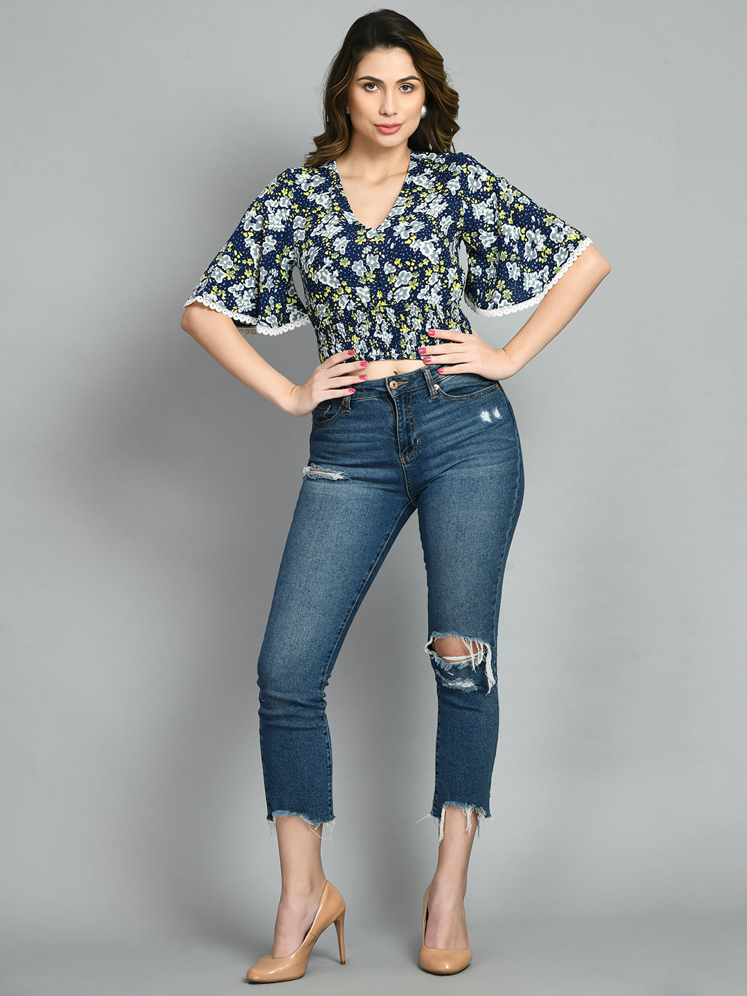Casual Bell Sleeves Printed Women Blue Top