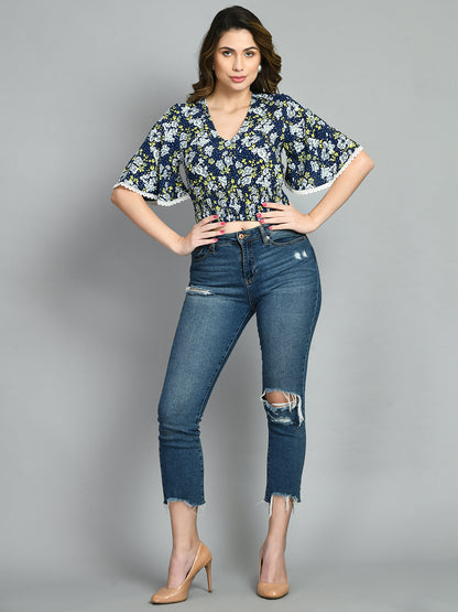 Casual Bell Sleeves Printed Women Blue Top
