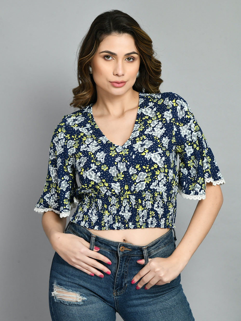 Casual Bell Sleeves Printed Women Blue Top