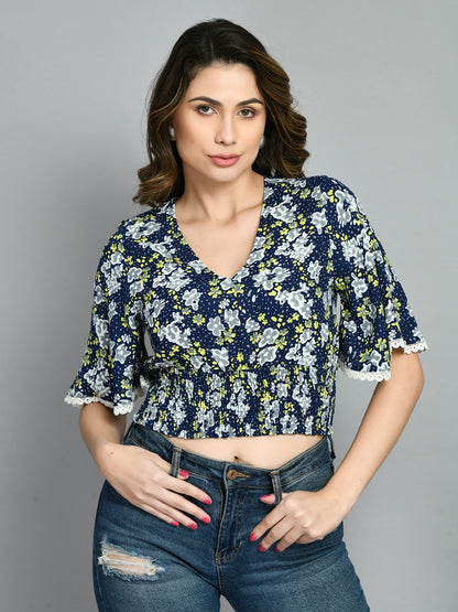 Casual Bell Sleeves Printed Women Blue Top