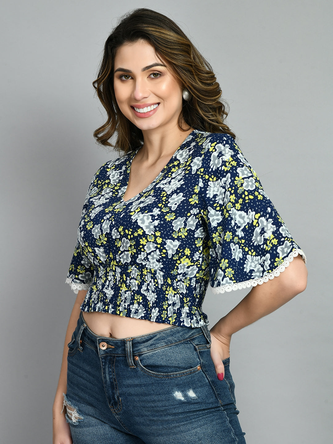 Casual Bell Sleeves Printed Women Blue Top
