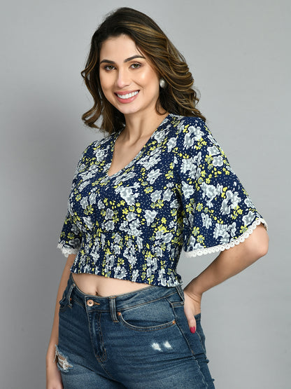 Casual Bell Sleeves Printed Women Blue Top