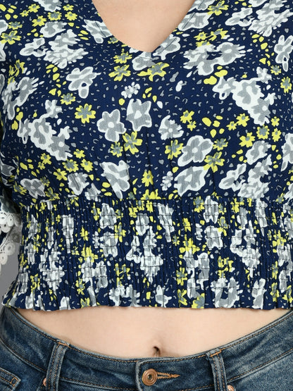 Casual Bell Sleeves Printed Women Blue Top