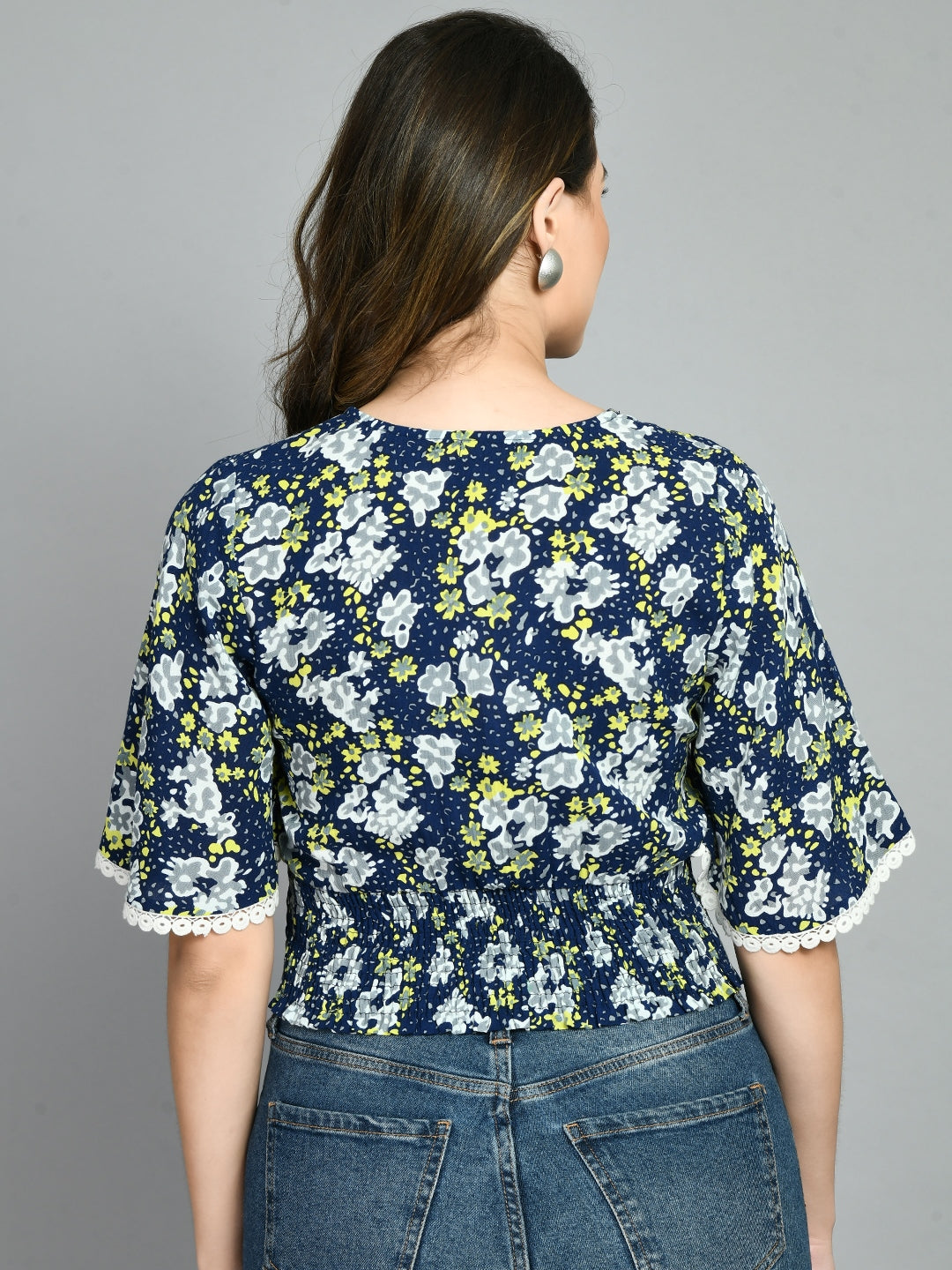 Casual Bell Sleeves Printed Women Blue Top