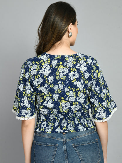 Casual Bell Sleeves Printed Women Blue Top