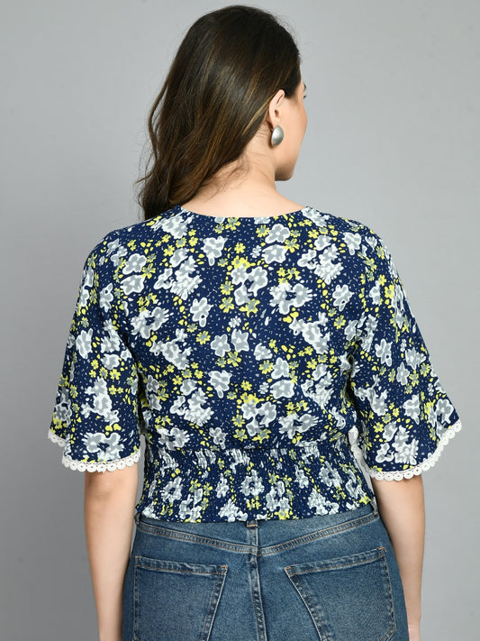 Casual Bell Sleeves Printed Women Blue Top