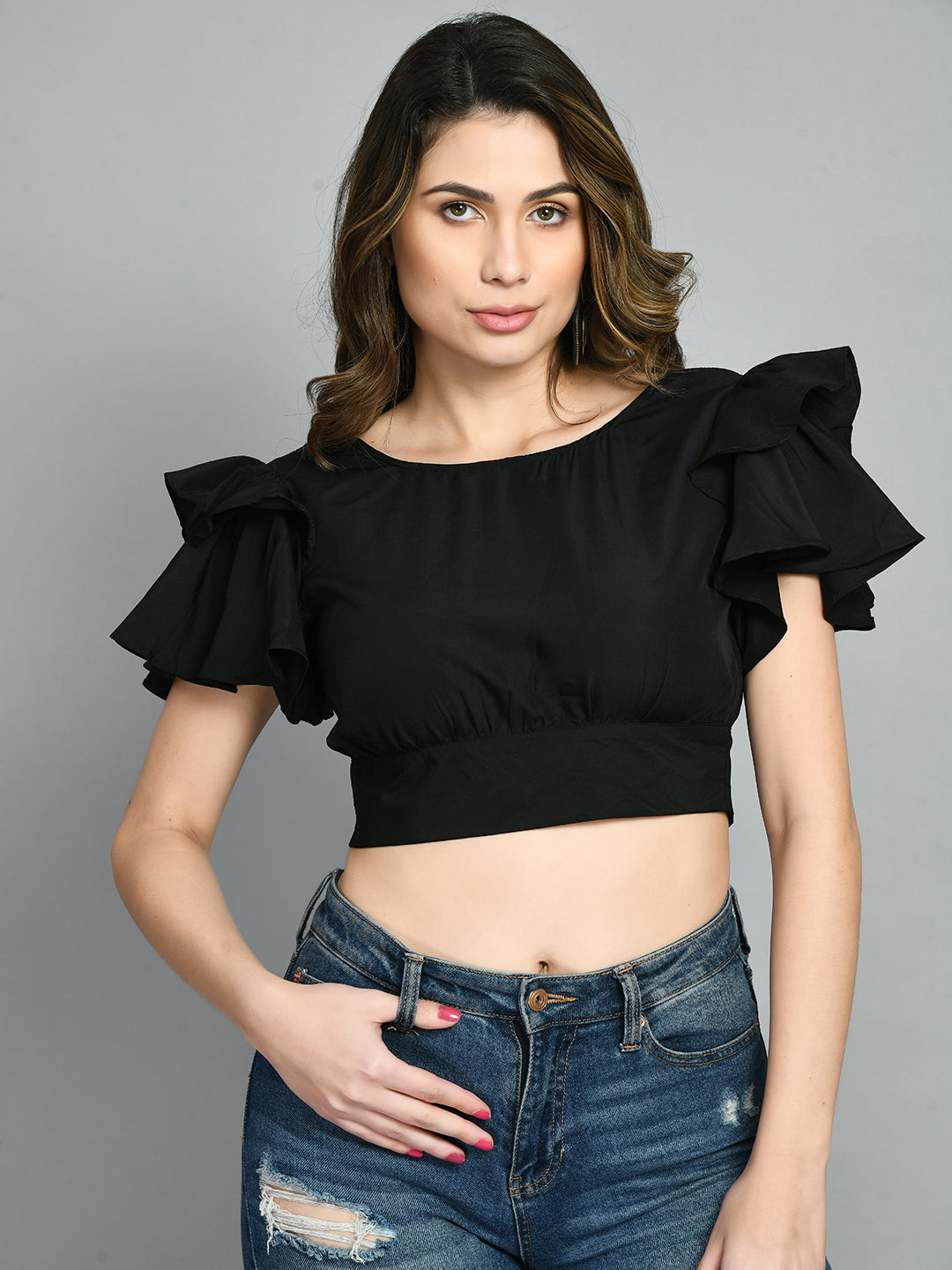Casual Ruffled Sleeves Solid Women Black Top