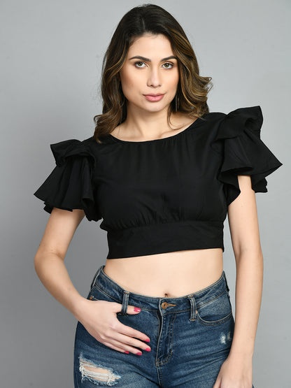 Casual Ruffled Sleeves Solid Women Black Top
