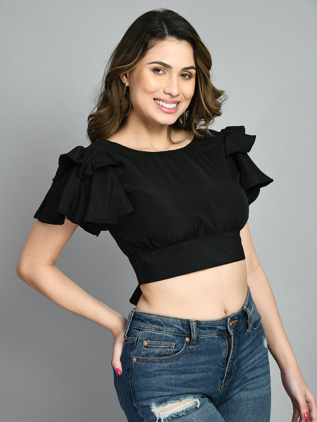 Casual Ruffled Sleeves Solid Women Black Top