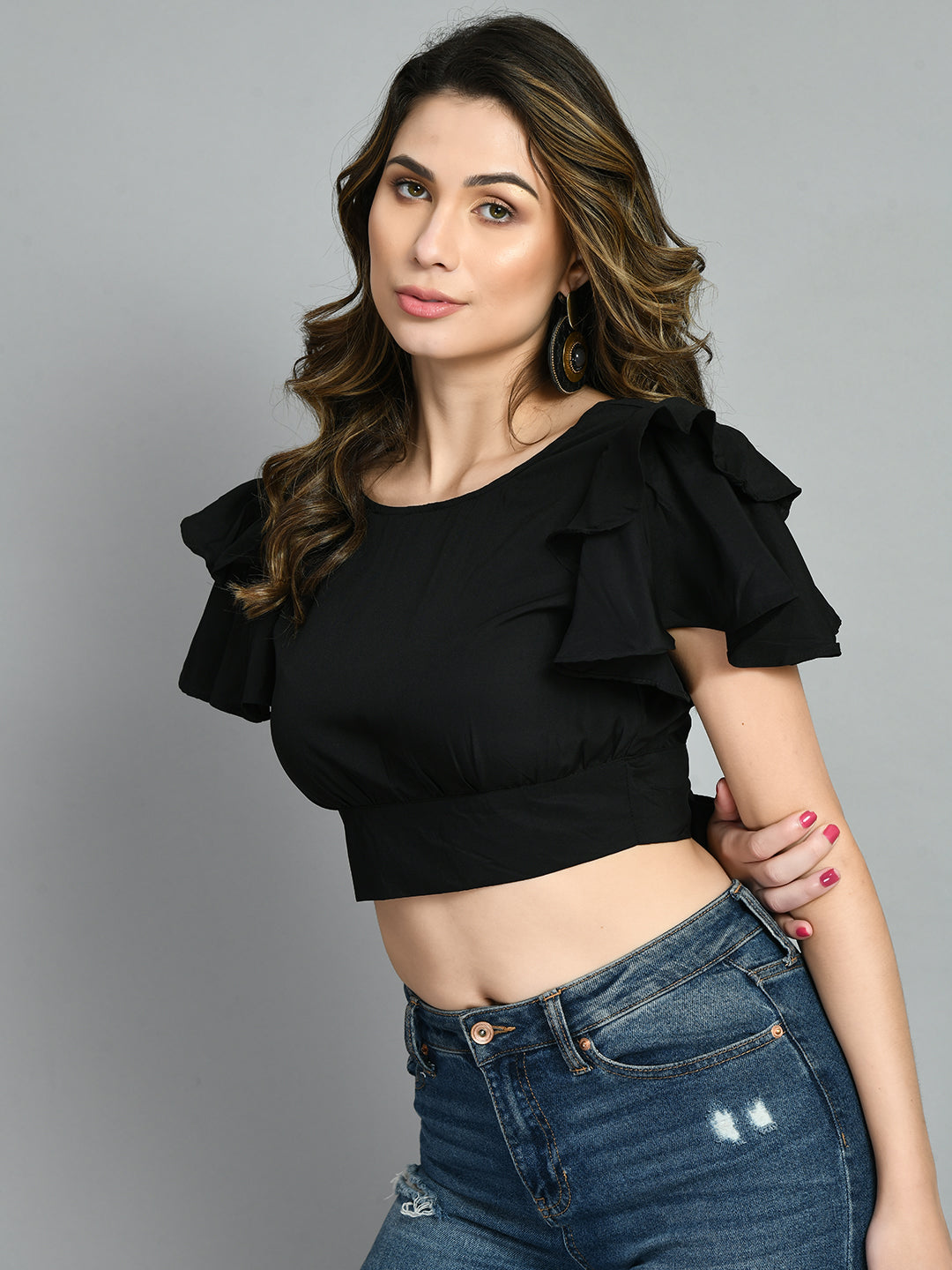 Casual Ruffled Sleeves Solid Women Black Top