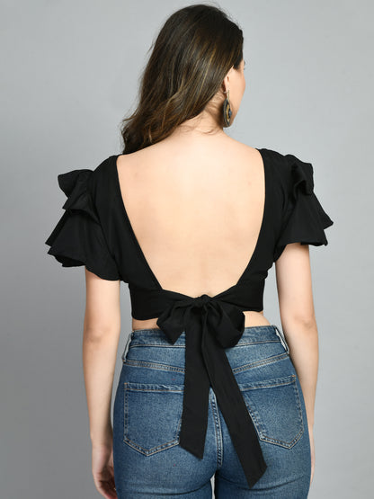 Casual Ruffled Sleeves Solid Women Black Top