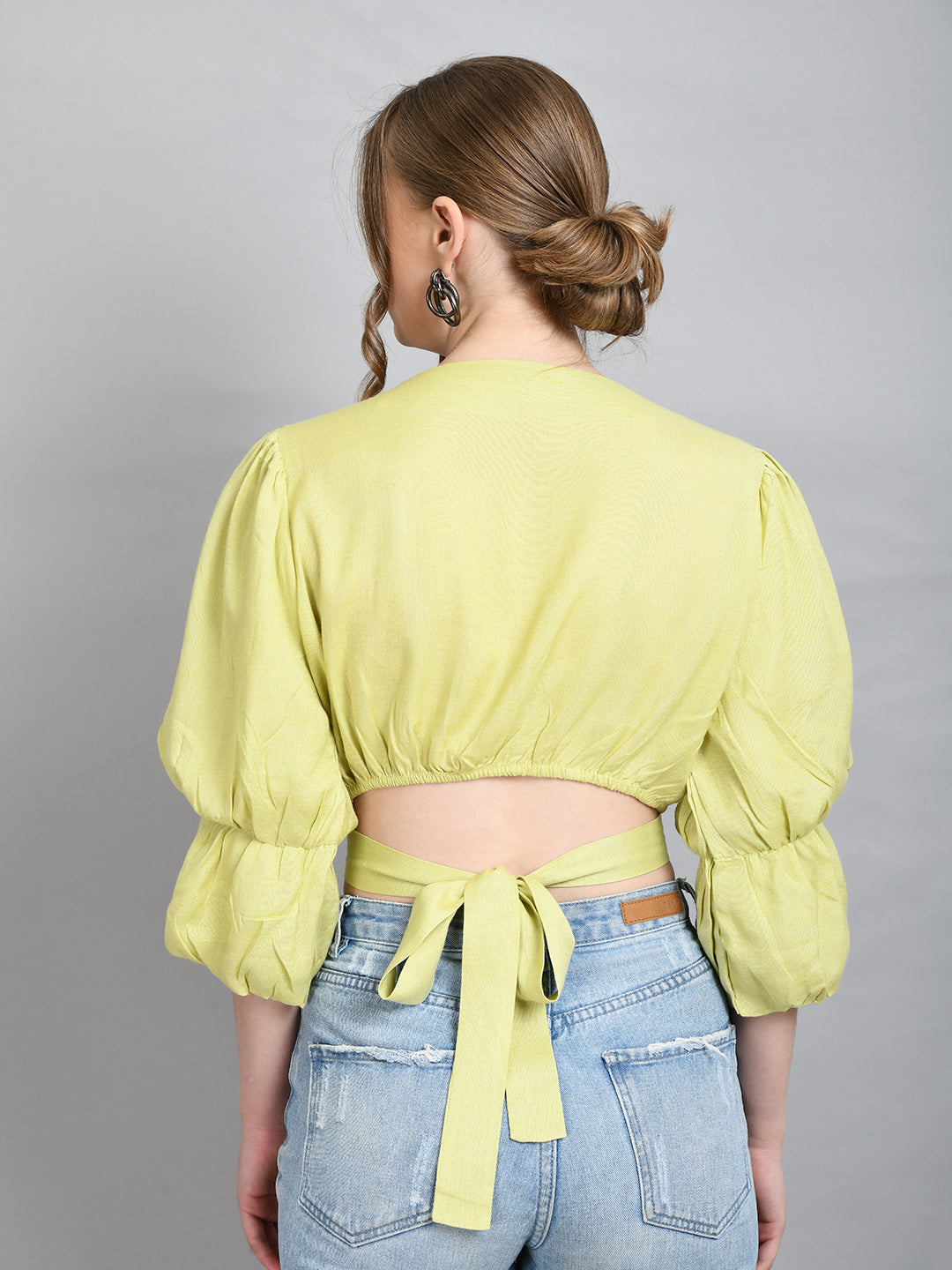 Casual Puff Sleeves Solid Women Green Top