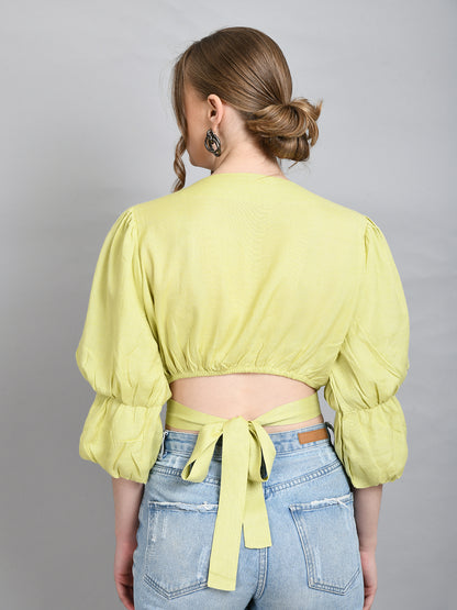 Casual Puff Sleeves Solid Women Green Top
