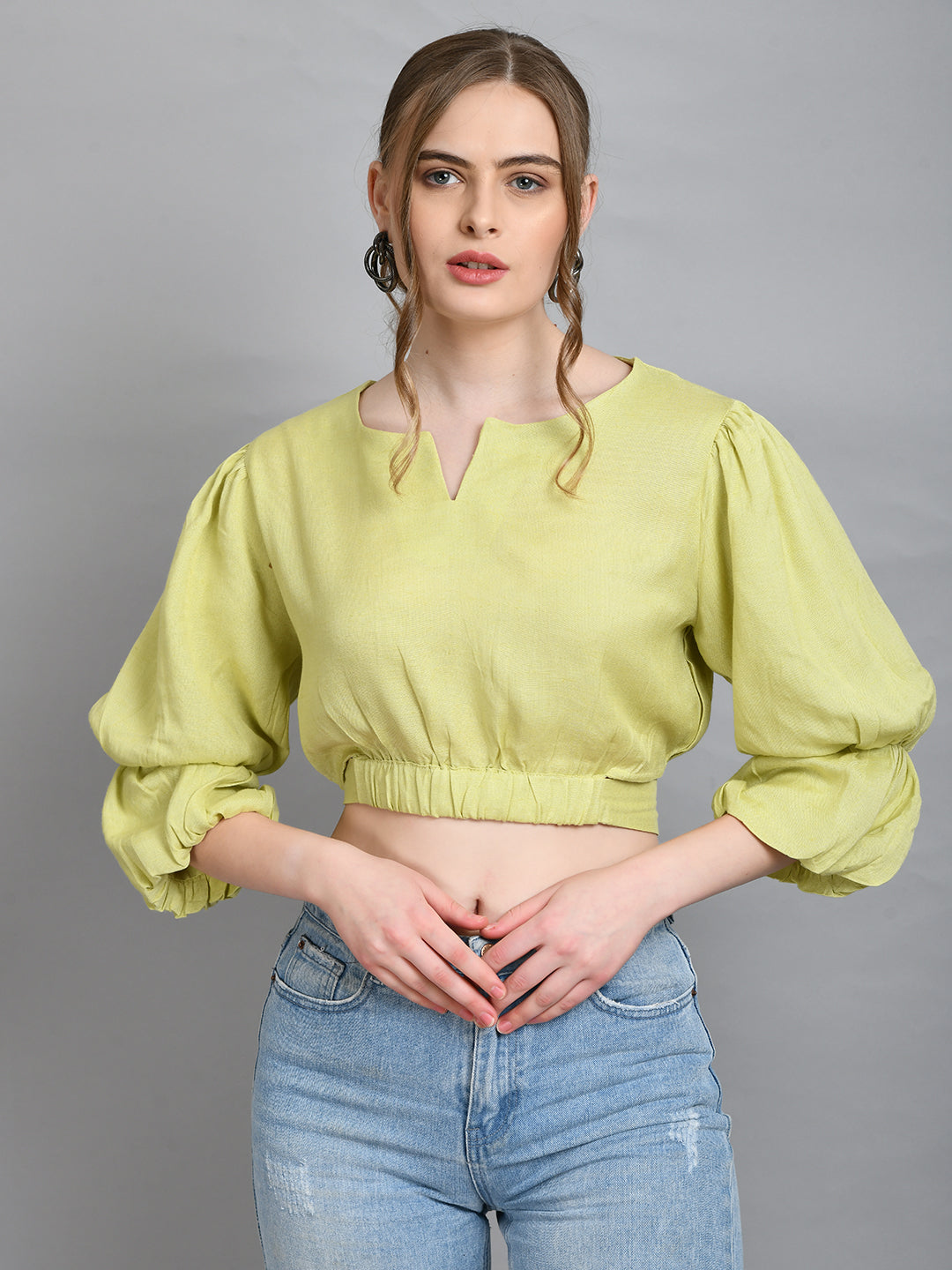 Casual Puff Sleeves Solid Women Green Top