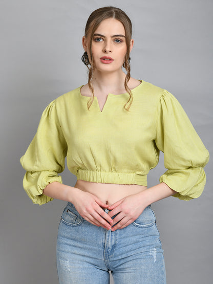 Casual Puff Sleeves Solid Women Green Top