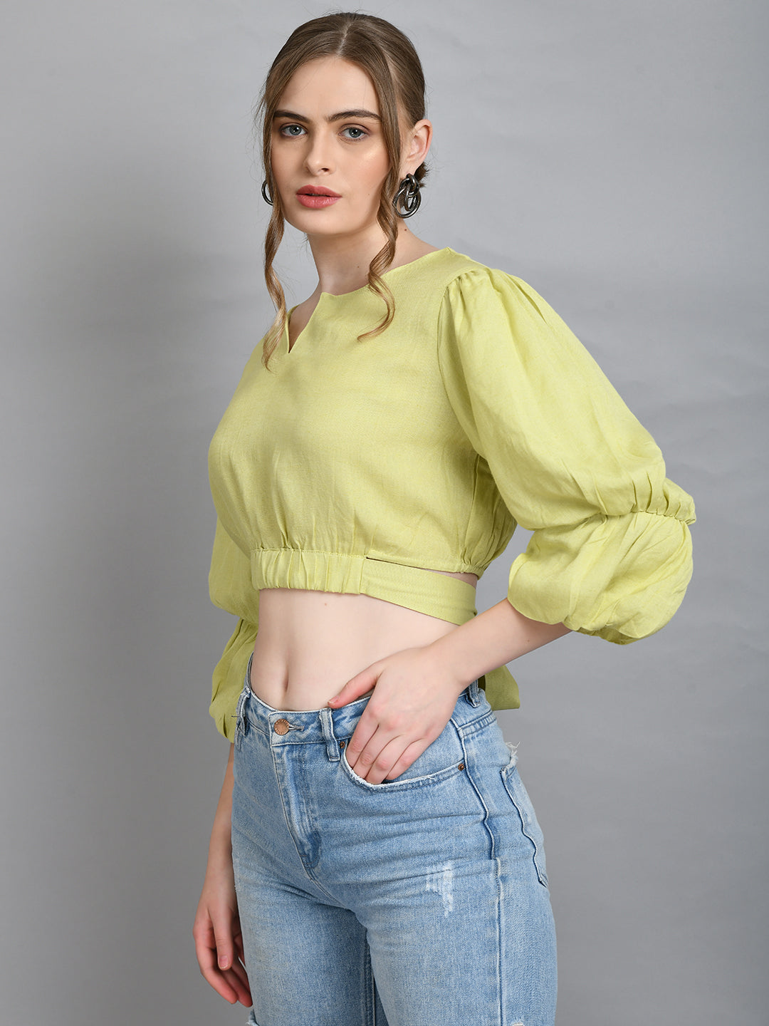 Casual Puff Sleeves Solid Women Green Top