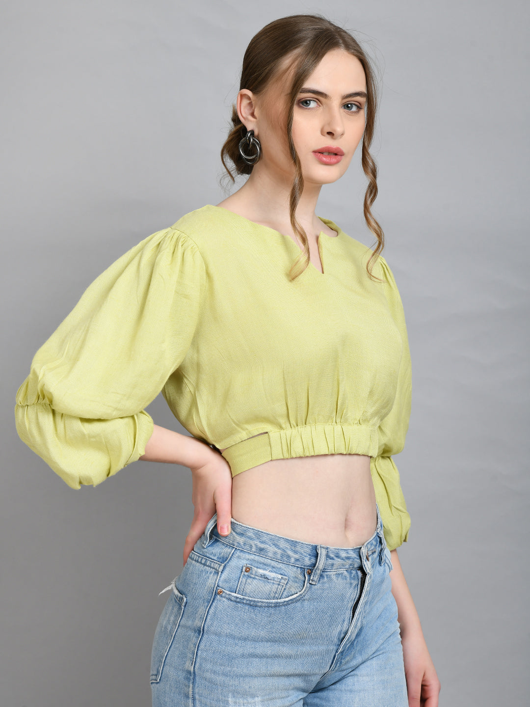 Casual Puff Sleeves Solid Women Green Top