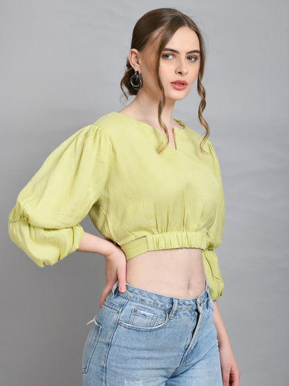 Casual Puff Sleeves Solid Women Green Top