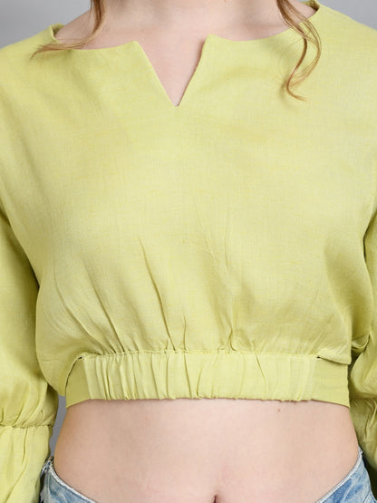 Casual Puff Sleeves Solid Women Green Top