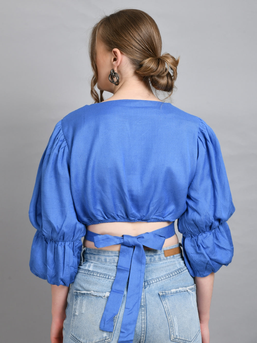 Casual Puff Sleeves Solid Women Blue Top