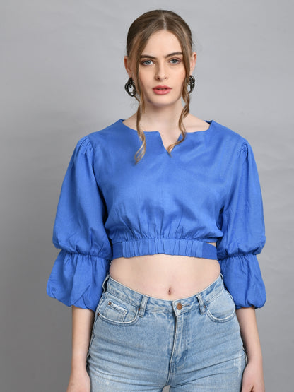 Casual Puff Sleeves Solid Women Blue Top