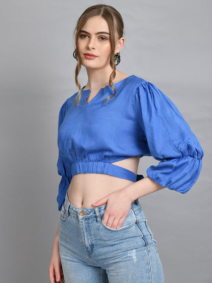 Casual Puff Sleeves Solid Women Blue Top