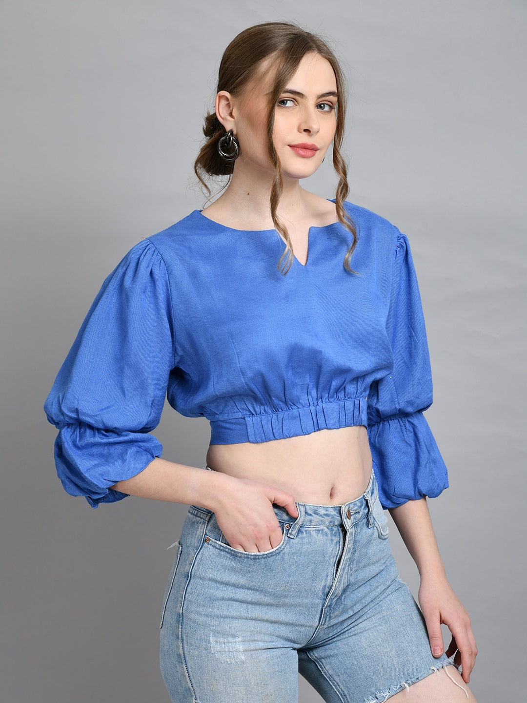 Casual Puff Sleeves Solid Women Blue Top