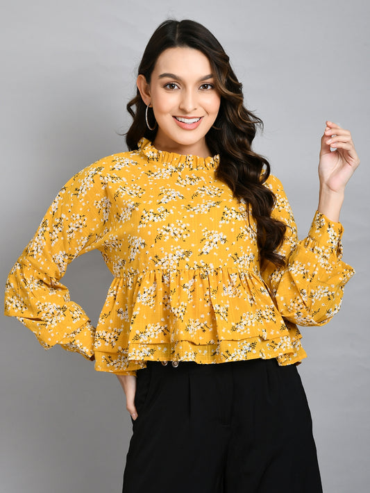 Casual Regular Sleeves Printed Women Yellow Top