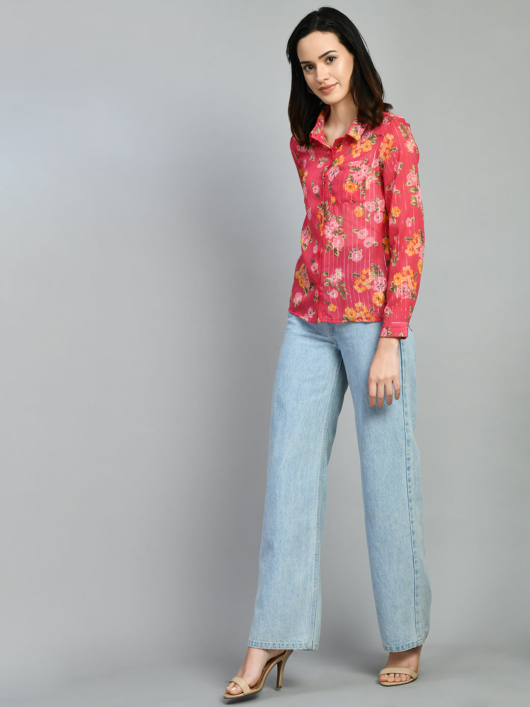 Casual Regular Sleeves Floral Print Women Pink Top