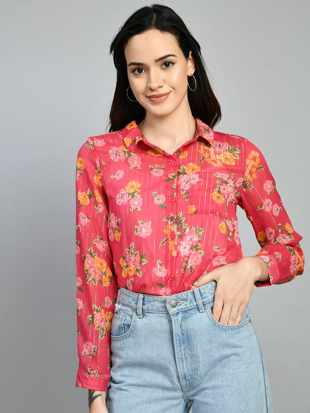 Casual Regular Sleeves Floral Print Women Pink Top
