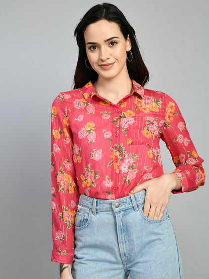 Casual Regular Sleeves Floral Print Women Pink Top