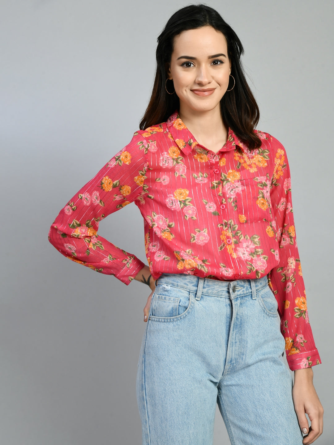 Casual Regular Sleeves Floral Print Women Pink Top