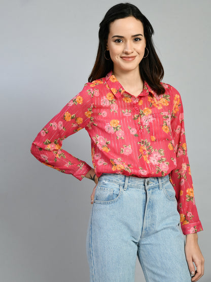 Casual Regular Sleeves Floral Print Women Pink Top