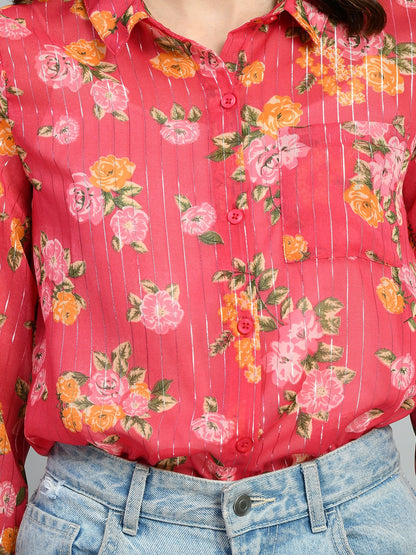 Casual Regular Sleeves Floral Print Women Pink Top