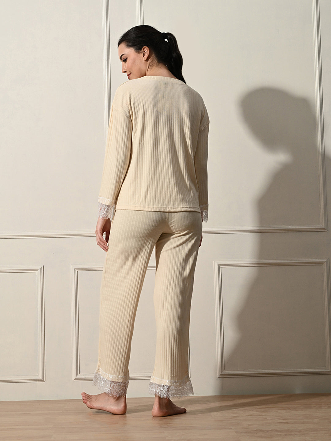Women Top & Pyjama Set Beige Solid