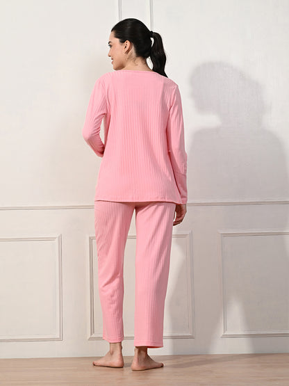 Women Night Suit Set Pink Striped