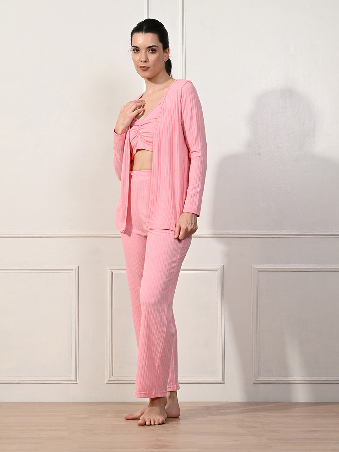 Women Night Suit Set Pink Striped