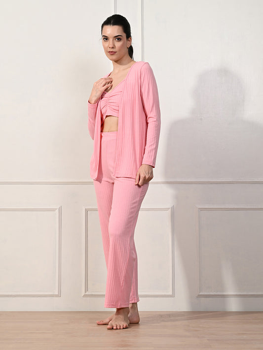 Women Night Suit Set Pink Striped